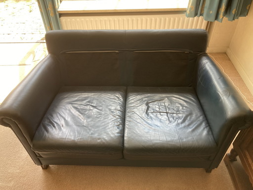 3x blauw leren bankstel