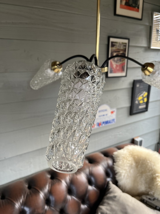 Image 1 of Vintage mid century kroonluchter met 3 kristalglazen lampen 