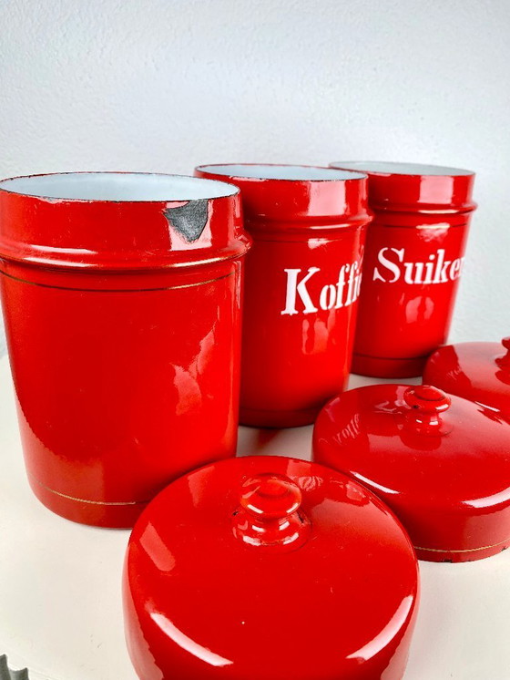 Image 1 of Vintage Red Kitchen Canisters for Tea, Sugar & Coffee  – Dutch Retro Enamel Kitchen Storage Tins – Old European Kitchen Storage 