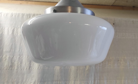 Image 1 of Bauhaus pendant light in metal and opaline glass globe - mid-20th century