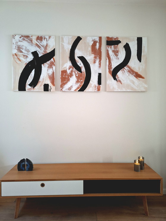 Image 1 of Triptych three paintings japandi terracotta