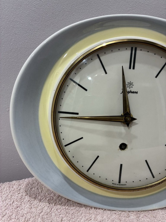 Orologio da parete in ceramica Junghans, Germania anni '50, Vetro, Blu, Mid Century Modern (foto 3 di 6)