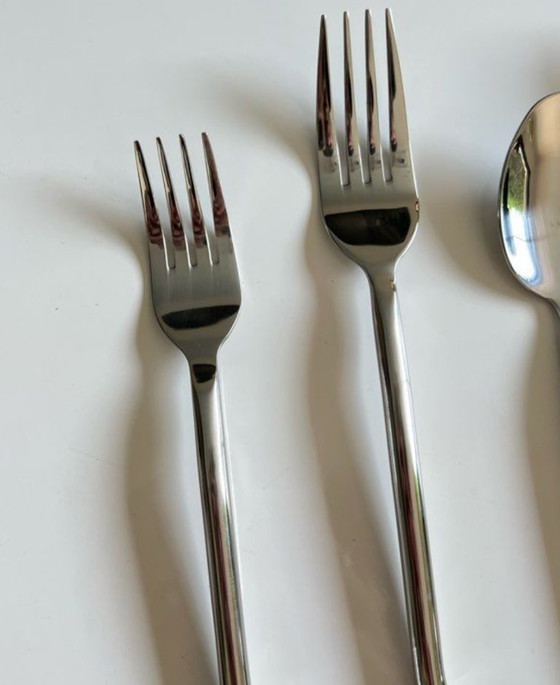 Image 1 of Set di 5 posate in acciaio inox – forma organica a spirale/vortice – stoviglie vintage originali