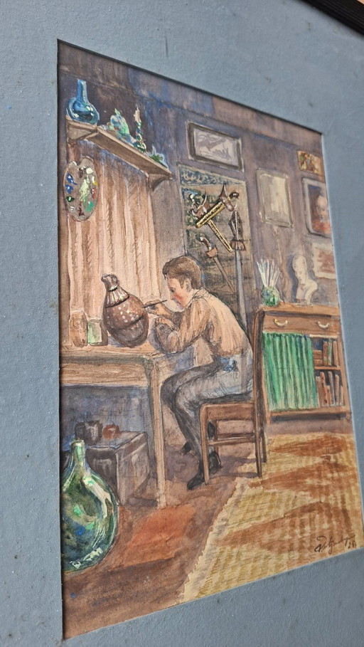 Antiek Interieur – De Plateelschilder (1925) – Gesigneerd & Gedateerd