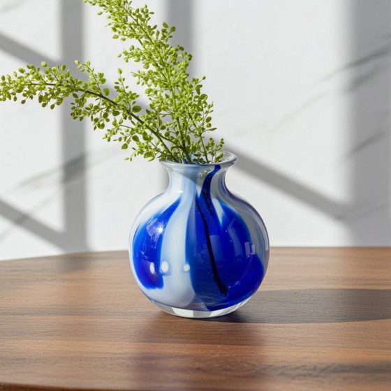 Image 1 of Fidrio Glass Bolvase with Neck in the Delft Blue color