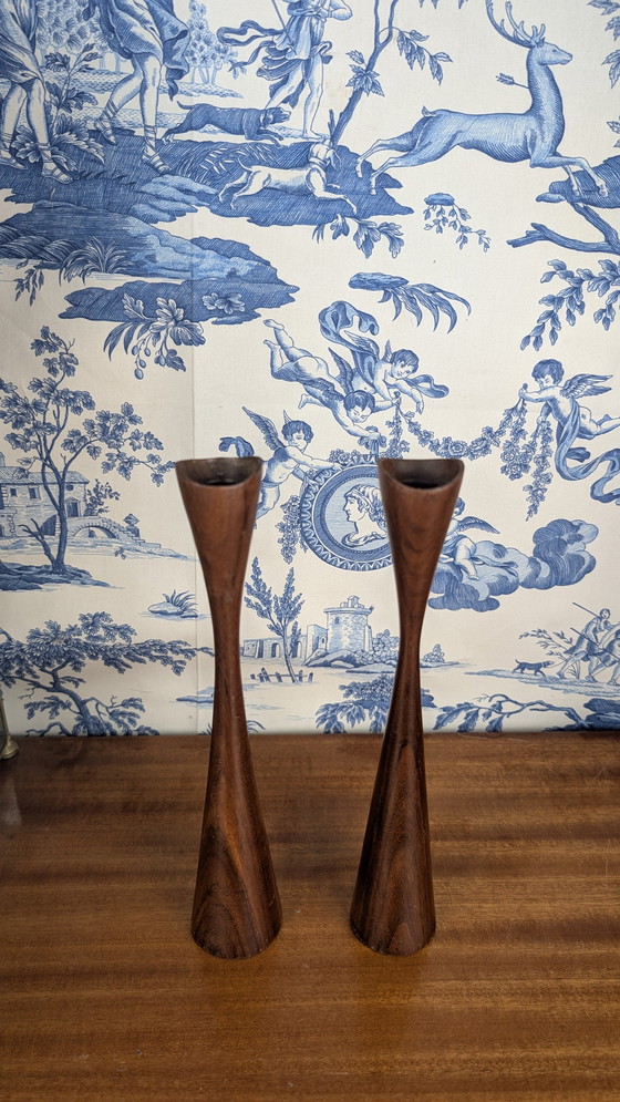 Image 1 of Pair of Scandinavian "Tulip" Candleholders in Vintage Teakwood from the 60s - Mid - Century Design