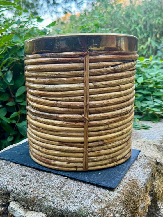 Large rattan brass basket Gabriella Crespi 60s, Decorative Objects, Multi Color (photo 5 of 7)