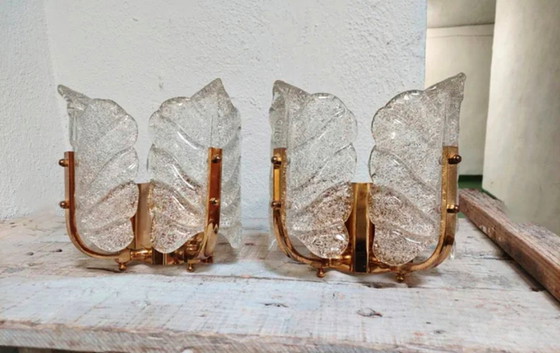 Image 1 of Zeldzaam paar "Leaves" kunstglazen wandlampen van Carl Fagerlund voor Orrefors - Zweden, jaren 1960-1970