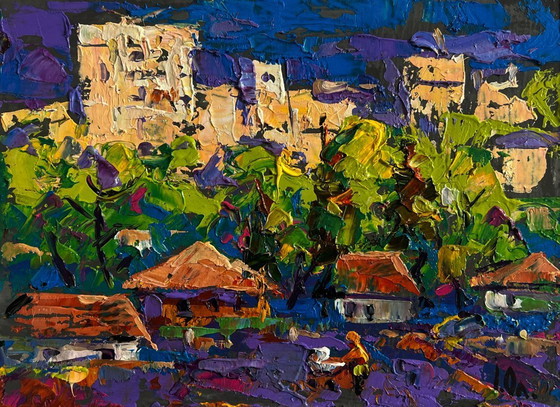 Image 1 of Original Oil Painting Summer Houses Landscape On the outskirts of the city