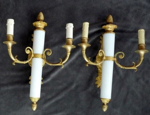 2 verguld bronzen empire wandlampen porselein restauratie