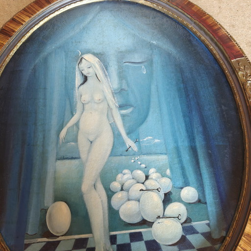 Luc Heirbaut – “The Secret of Fertility” (1970)
Original oil on panel – double signed – surrealist period