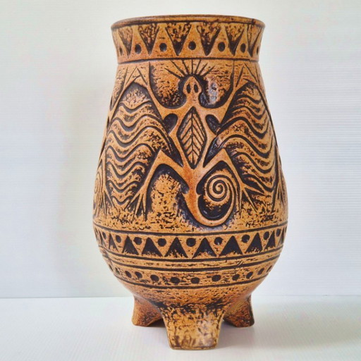 VINTAGE TRIPOD VASE WITH LIZARDS 1960 CERAMIC JASBA 60S 1960S MAYA TIKI