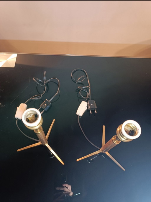 Paire de lampes tripodes bois et laiton 1960