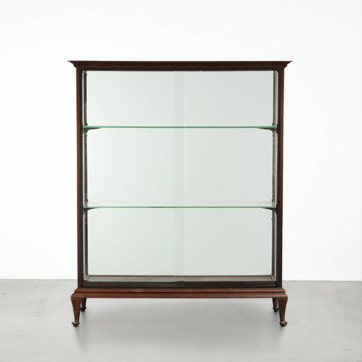 Large antique 19th-century English oak display cabinet/shop cabinet with multiple glass levels