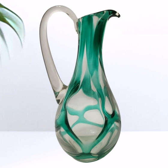 Vintage glass carafe / handle vase - clear glass with green train decoration, mid-century studio glass, 27 cm (photo 6 of 7)