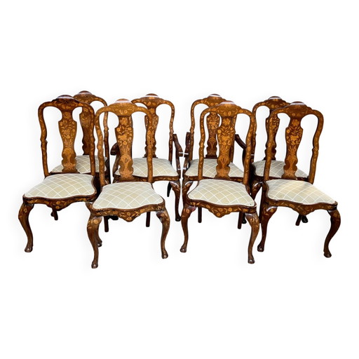 Set of two armchairs and six chairs. Marquetry with precious wood species. – eetkamerstoelen