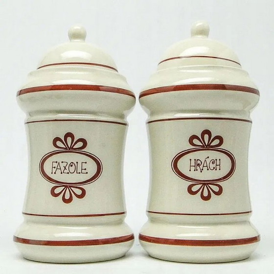 Art Deco Getreidebehälter, Tschechoslowakei, 1950er Jahre, 2er Set, Küchenzubehör, Keramik, Braun (Foto 15 von 15)