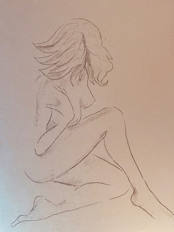 Image 1 of Nude female drawing "squatting sketchbook" on antique cardboard