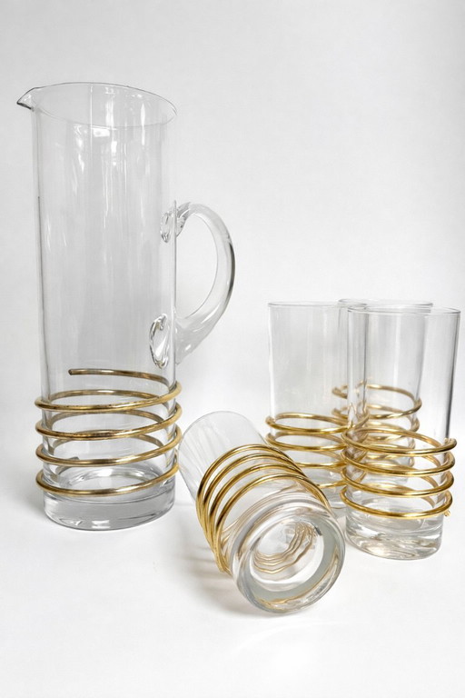 Französisches Vintage-Barset aus Glas – Karaffe und 4 Gläser, Goldspirale, Reims, 1960er Jahre