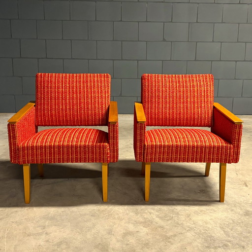 Ensemble de fauteuils lounge vintage - tissu rouge/orange - années 1970