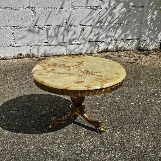 Image 1 of French Vintage Onyx Marble and Brass Coffee Table- Round Marble Cocktail Table-Style Louis XV -60s