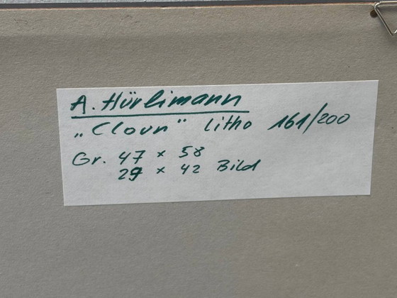 Image 1 of Lithografie Clown / Harlekijn van A. Hürlimann, beperkte oplage, jaren 70