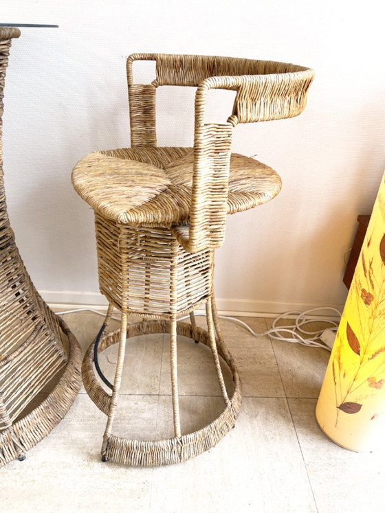 Bancone da giardino in rattan e vetro con due sgabelli - anni '70 – Set da salotto, Wicker (photo 5 of 12)