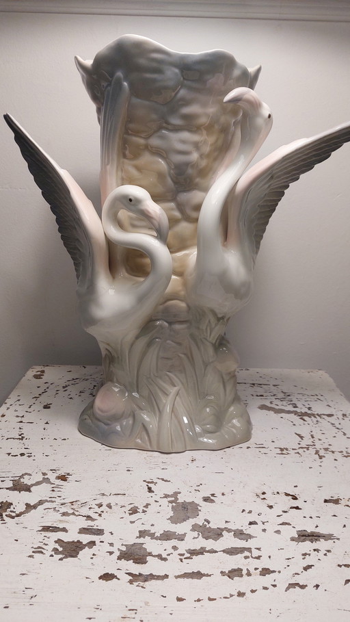Grand vase vintage en porcelaine avec flamants roses