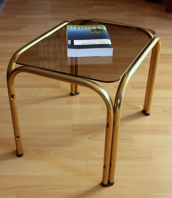 Small brass side table with smoked glass top, Space Age, Metal, Gold, Vintage (photo 4 of 9)