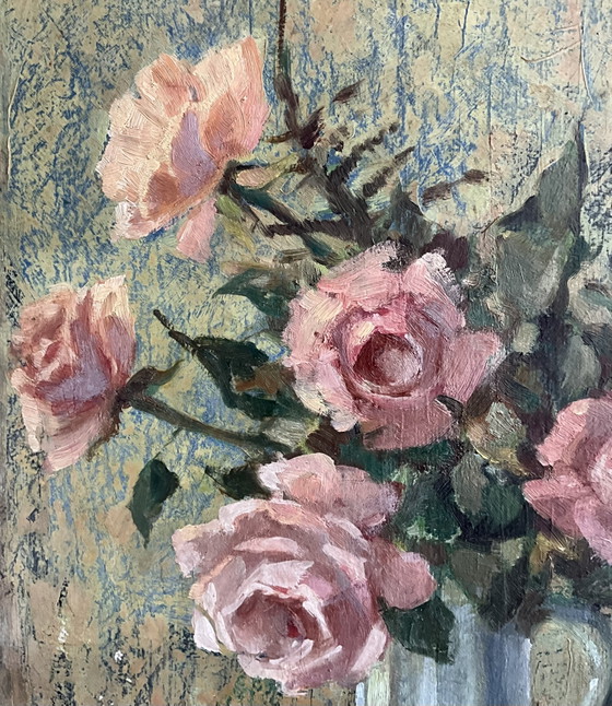 Image 1 of Oil Painting Roses in Vase, Signed Akar ?, Mid Century, Gilt Frame