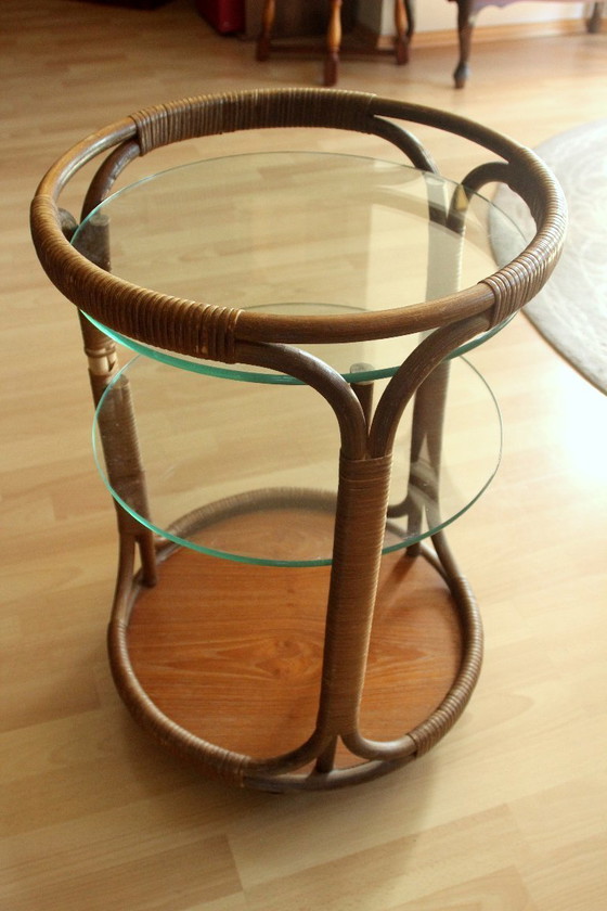 Carrello bar rotondo in bambù/rattan/legno - 3 ripiani – Oggetti decorativi, Glass, Bamboo, Vintage (photo 3 of 11)