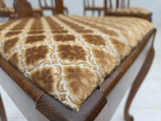 Image 1 of 1930s, set of 6 Danish vintage chairs, furniture velour, oak wood, reupholstered.