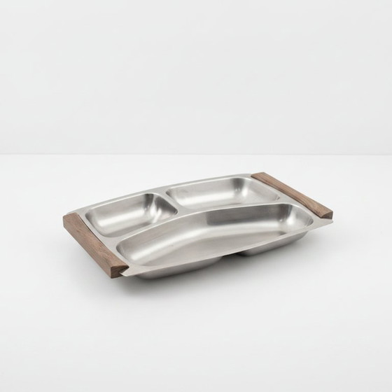 Image 1 of Vintage Mid-Century Dienblad – 18-8 Rvs met Teakhouten Handgrepen – KH Design