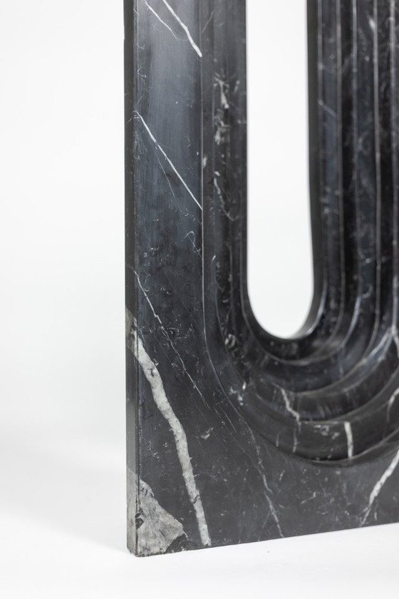 Image 1 of Pair of marble and glass top console tables. 1980s.