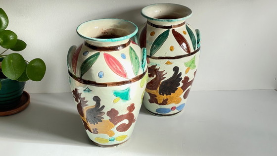 Image 1 of Italian Majolica Vases with Dragon Motif