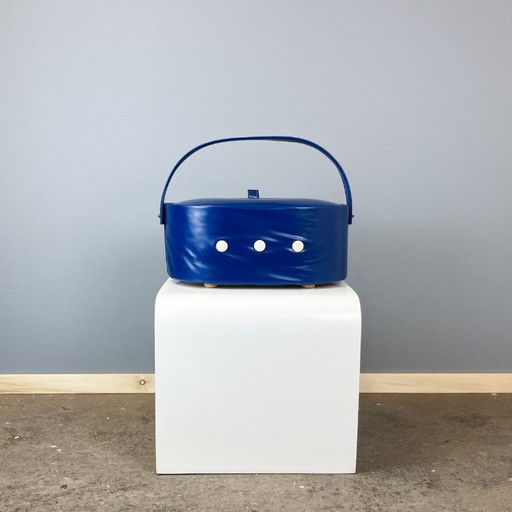 Boîte à couture vintage, boîte de rangement, simili cuir bleu, années 70