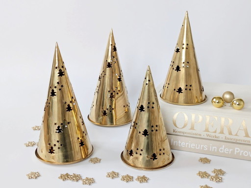 4 x Brass Christmas Tree Candle Lanterns | Midcentury Holiday Decor