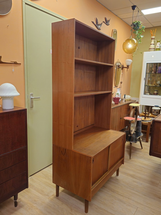 Image 1 of Vintage Danish Teak Highboard Bookcase Sliding Door Cabinet