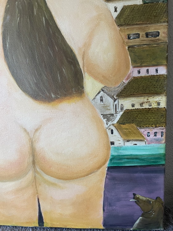 Image 1 of Magnifique toile représentant une femme nue avec un petit chien, selon Rubens, signée par un artiste célèbre.