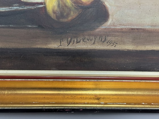 Image 1 of Naturaleza muerta con langosta y limón de R. Viliruvy, óleo sobre lienzo, Bélgica, 1951.