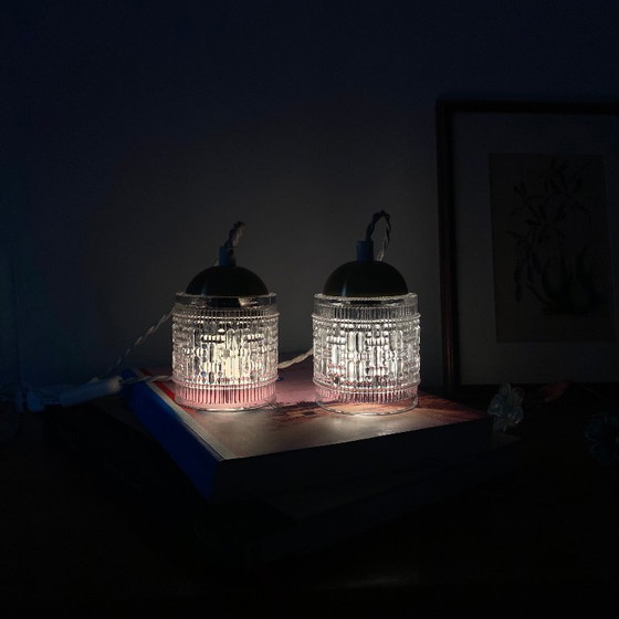 Image 1 of Coppia di piccole lampade portatili antiche a forma di tulipano in vetro trasparente