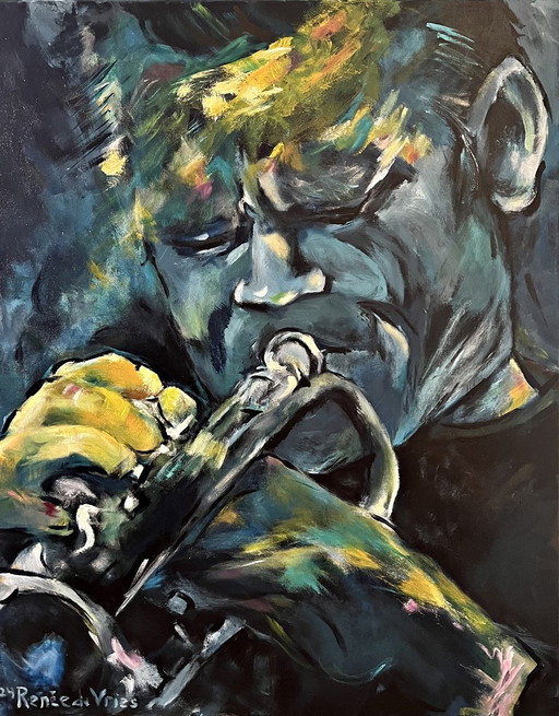 Schilderij 'Chet Baker'/Acryl op Linnen/Afmetingen 0.80 m - 1.00 m/Zijkanten Doek Mee Geschilderd/2024