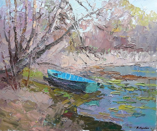 Dipinto a olio originale Paesaggio naturale Foresta Fiume Barca blu