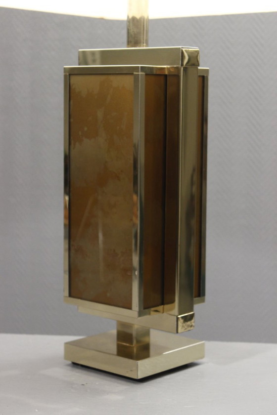 Image 1 of Philippe Cheverny - Grote messing lampvoet met omgekeerd beschilderd glas, Frankrijk, jaren 70
