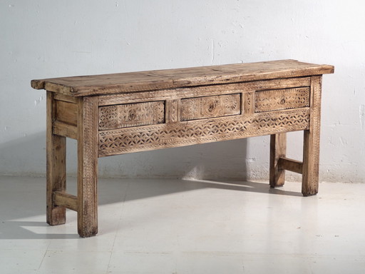 Mesa consola antigua tallada en madera de olmo – China, circa 1930