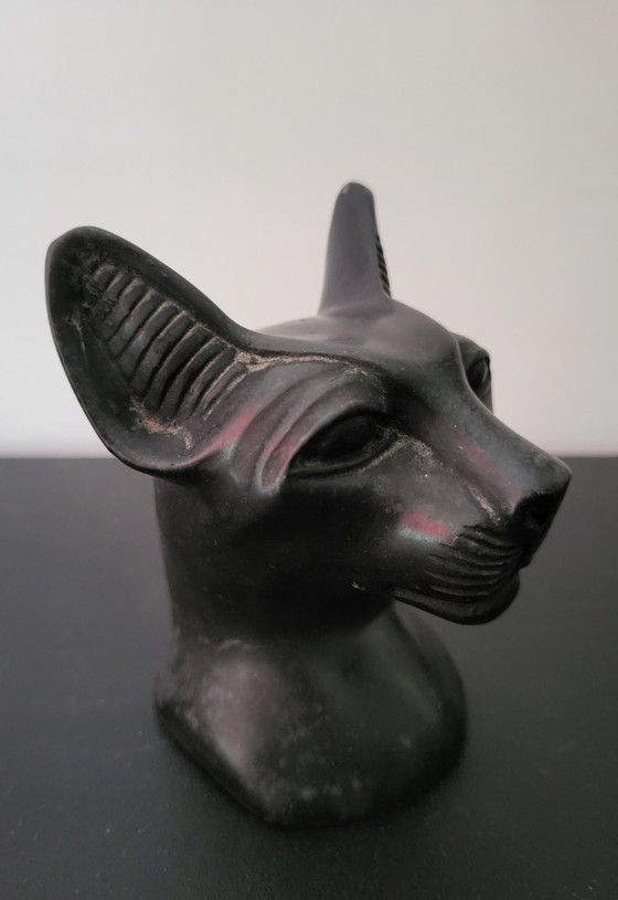 Image 1 of Black stone statuette of the Egyptian goddess Bastet.