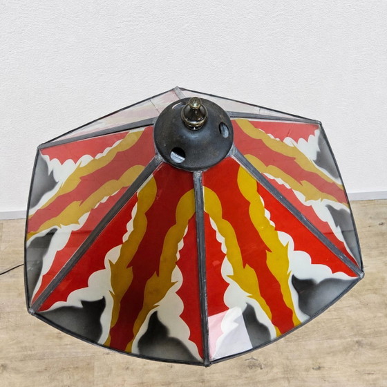 Image 1 of Amsterdam School / Art Deco floor lamp stained glass shade (geometric design) oak base