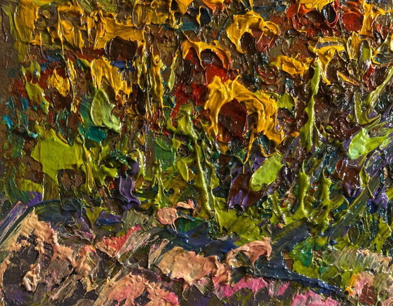 Image 1 of Original Oil Painting Day Flowers Landscape Sunflower field in the village