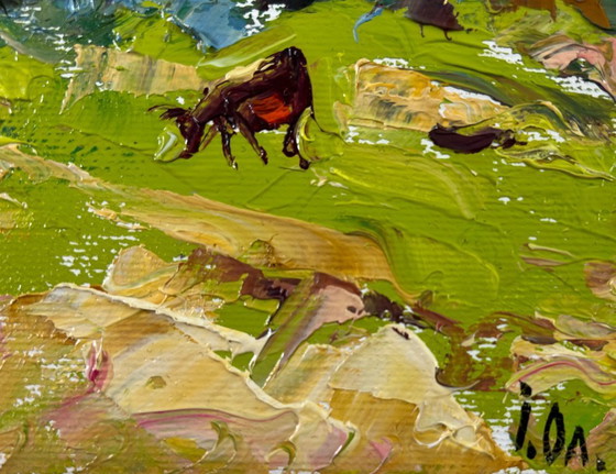 Image 1 of Peinture à l'huile originale, paysage de village d'été, murmures du matin