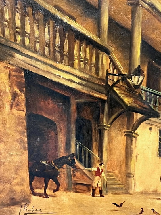 J. Verulpens "De herberg". Schilderij op groot formaat. – Schilderijen & Tekeningen, Canvas (photo 3 of 9)